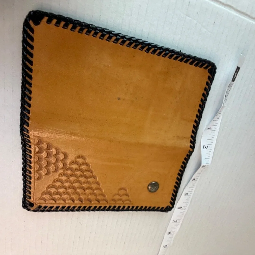 Vintage Hand Tooled Leather Checkbook Cover Pyramid Pattern Bi-Fold Wallet